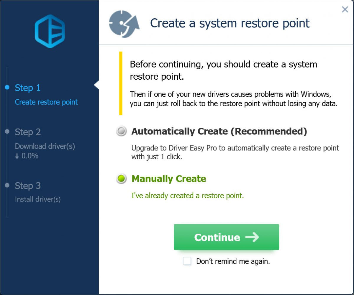 Driver Easy Free create a system restore point manually