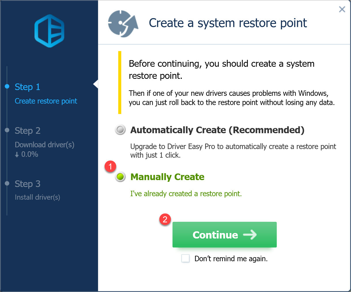 Driver Easy Free create a system restore point manually before updating drivers