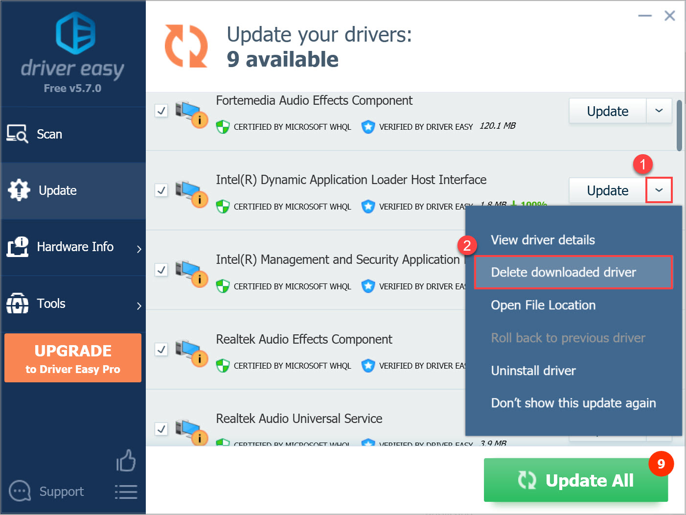 Driver Easy Free delete downloaded driver