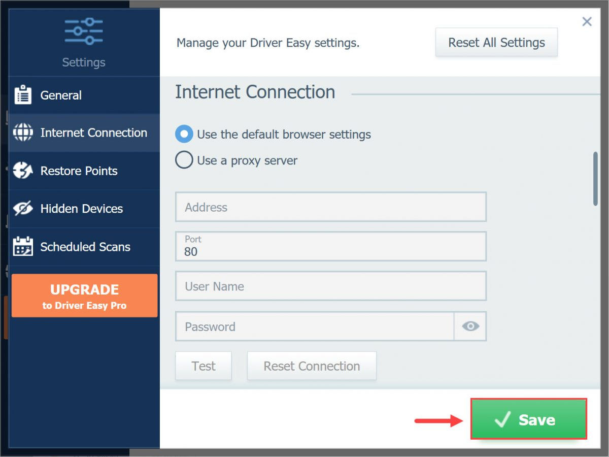 Driver Easy Free Settings Internet Connection Save the changes