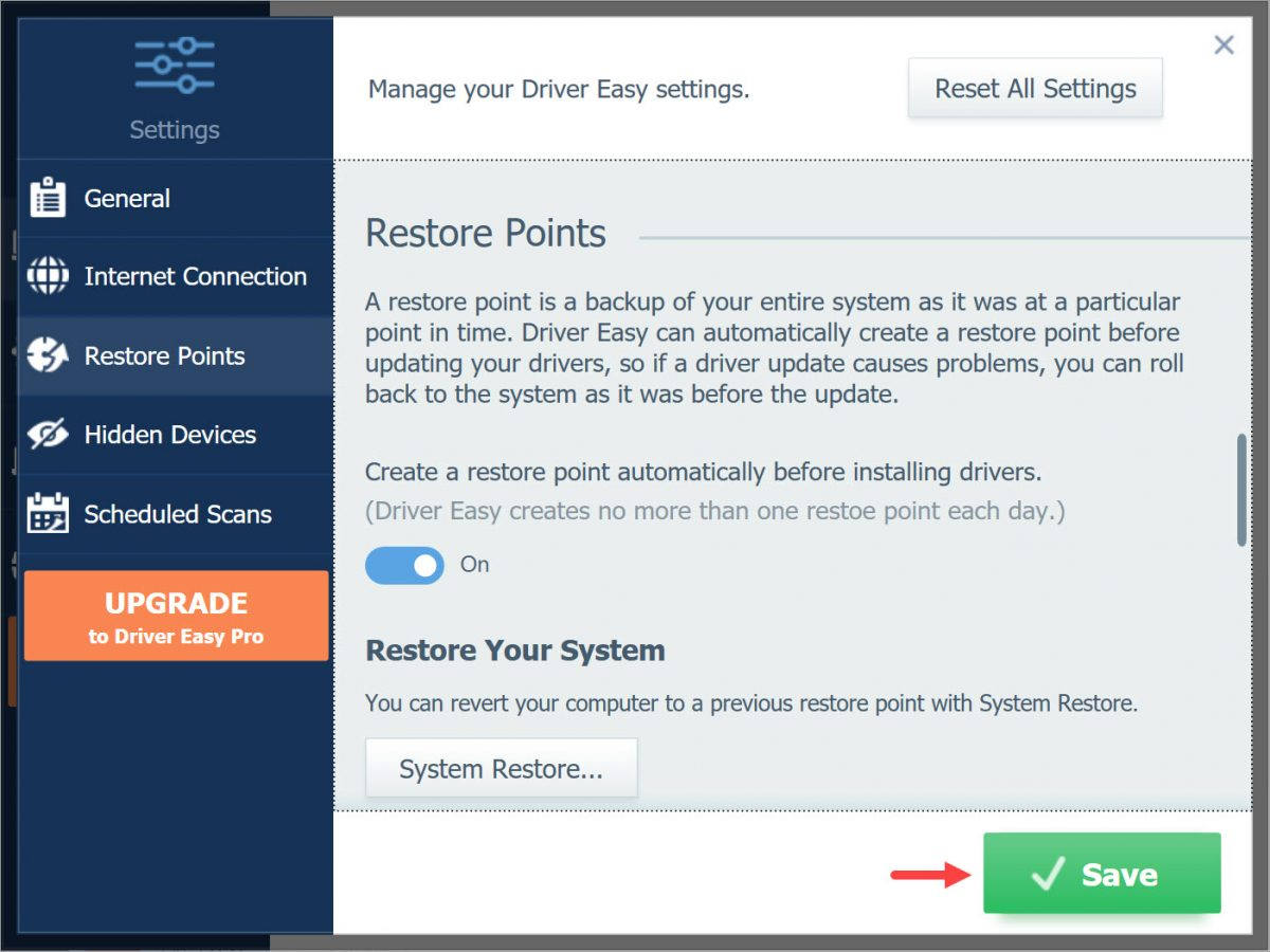 Driver Easy Free Settings Restore Restore Save the changes