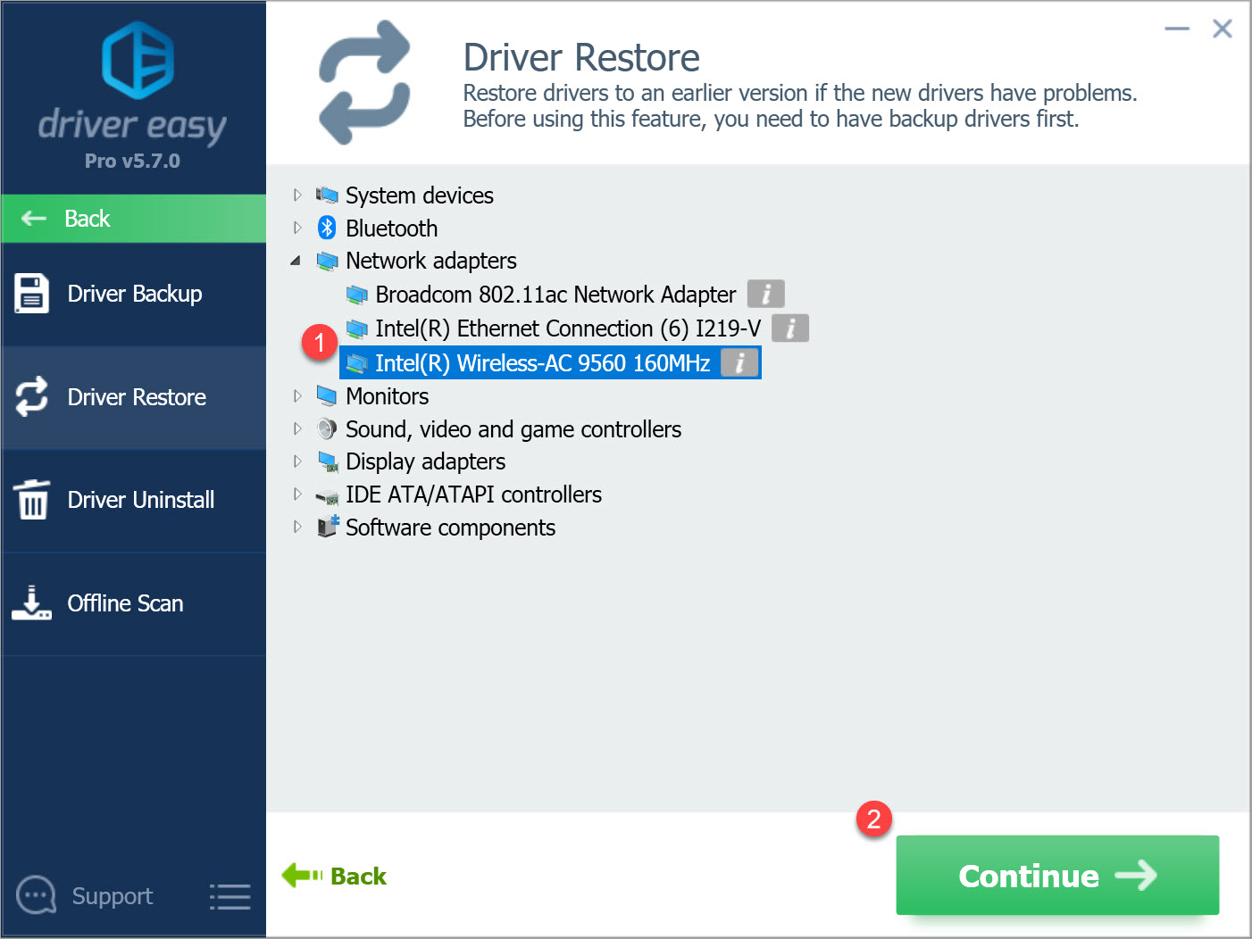 Driver Easy Pro select a device to restore the driver