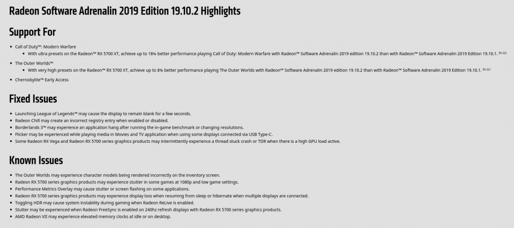 AMD graphics card driver update release notes showing a lot of new features.