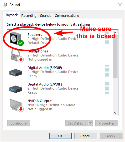 Default speaker ticked Windows 10