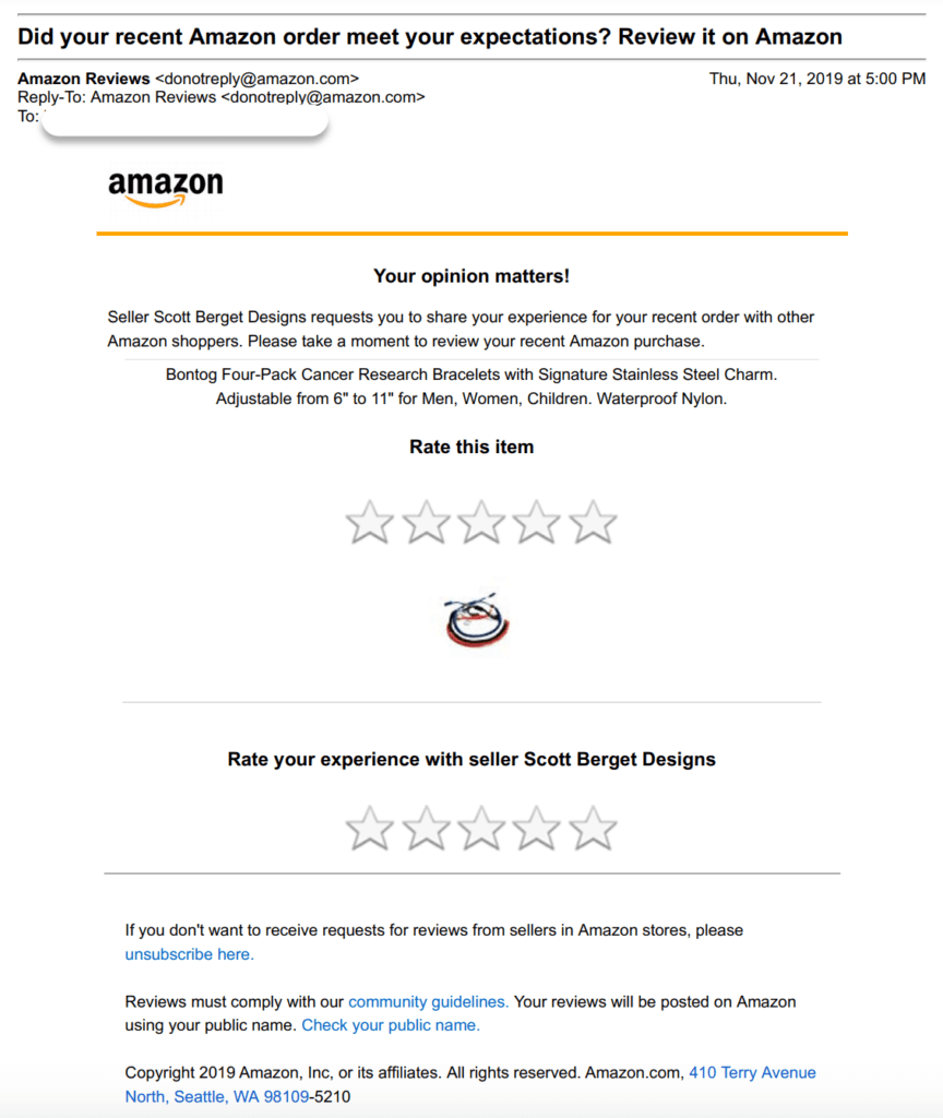 Amazon's request a review: request a review email